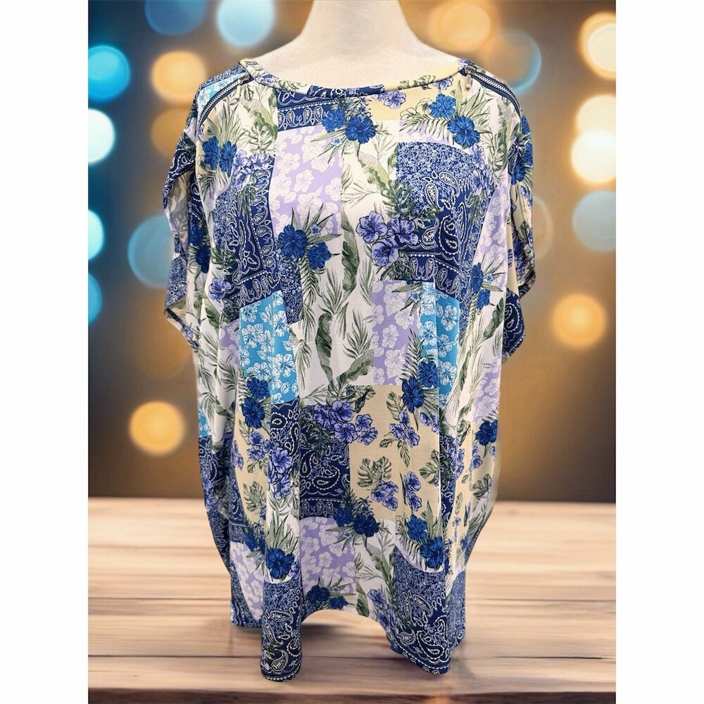 Sabrina Lauren New York Blouse Womens Plus 3XL Blue Floral Paisley Tunic